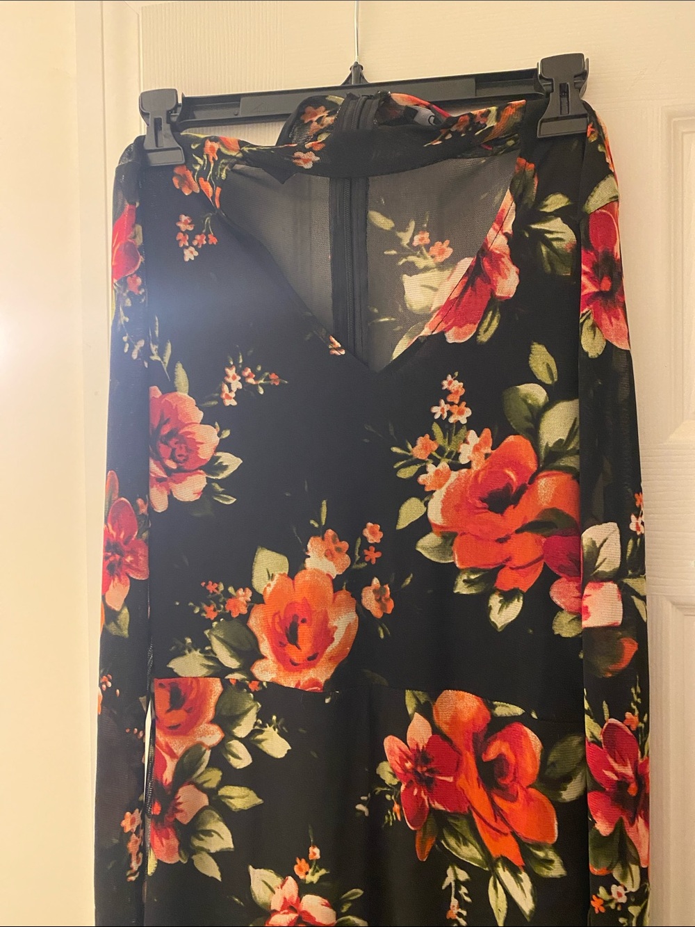 Black Floral V-Neck Maxi Dress with Red-Orange Roses